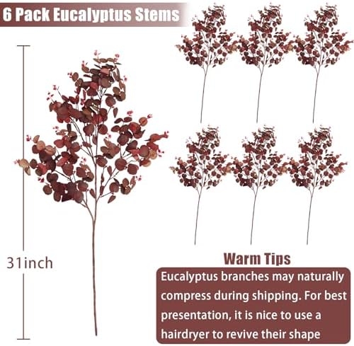 6PCS Fall Stems for Vases- Faux Burgundy Eucalyptus Stems, 31inch - Image 4