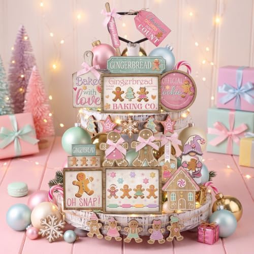 Shellwei 24pcs Pink Christmas Tiered Tray Decor Set Rustic Gingerbread Sign - Image 2