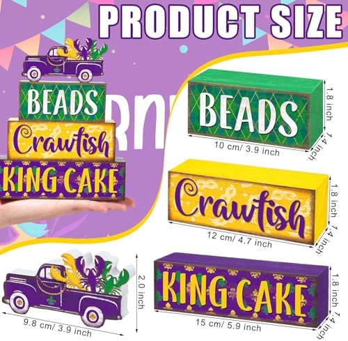 Marsui 4 Pcs Mardi Gras Decorations Mardi Gras Centerpieces Table Decorations Farmhouse Wooden Tabletop Blocks Sign for Home Party Rustic Tiered Tray Shelf Office Carnival Decor - Image 3