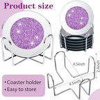 Jetec Mirrored Glass Coaster Set of 6 with 1 Holder 4" Crushed Diamond Round Cup Mat Glitter Crystal Rhinestone Glass Coaster Bling Table Decor for Bar Kitchen Gift for Christmas(Purple,4 Inch) - Image 2