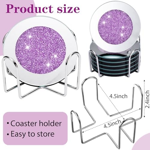 Jetec Mirrored Glass Coaster Set of 6 with 1 Holder 4" Crushed Diamond Round Cup Mat Glitter Crystal Rhinestone Glass Coaster Bling Table Decor for Bar Kitchen Gift for Christmas(Purple,4 Inch) - Image 2