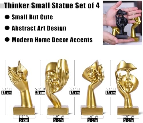 Gold Abstract Thinker Figurine Set of 4, Home Art Face Small Statue for Accents Decor Women Bedroom Shelf Bookcase Room Desk, TV Stand, Coffee Table Decor, Art Sculpture Gifts for Women (Gold) - Image 3