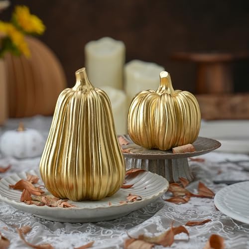 FESTGLOX Gold Fall Pumpkin Decor, Resin Pumpkin Figurines for Decorating - Image 2