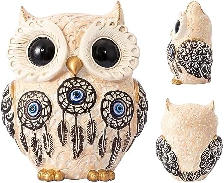 TOHLUCS Owl Statue Home Decor Accents with Evil Eye.White Decor for Bookshelf, Bedroom, Living Room, Office, Table and Shelf. Vintage Owl Figurines Gifts for Birds Lover.Cute Small Animal Sculptures. - Image 2