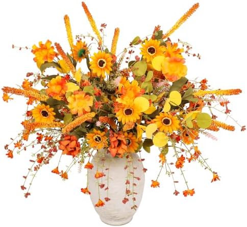 6-Pack Fall Stems Artificial Arrangement Flowers Bouquet Decoration Eucalyptus Leaves Autumn Harvest Home Décor Silk Sunflowers Daisy Grain Berries by YUGALI
