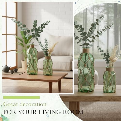 Chuangdi Set of 2 Coastal Glass Flower Vase with Boho Rope, Green - Image 4