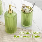 Green Bathroom Accessories Set, 3.5 Gal Trash Can with Press-Top Lid and Garbage Bags, Glass Bathroom Set, Soap Dispenser, Toothbrush Holder, Tumbler, Qtip Holders, Vintage Bathroom Sink Set Decor - Image 5