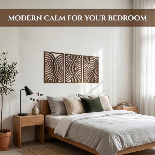 qmmp Modern Wooden Wall Sculptures - Set of 3 - Home Decor Accent - Large Wall Art for Living Room, Bedroom, Office - Easy Installation (Walnut, Large - Orbit) - Image 2