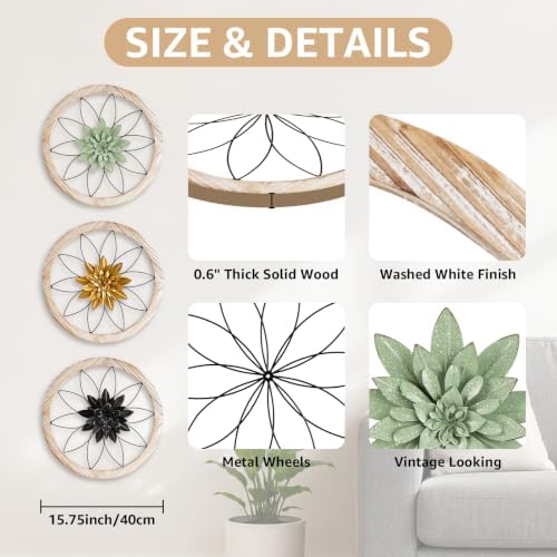 Paquesta 3 Piece Round Farmhouse Wall Decor with 6 Piece Interchangeable Flowers 15.75'' Medallion Wood & Metal Rustic Wall Art for Living Room Bedroom Kitchen Bathroom Dining Room Home Decorations (large black wheel) - Image 2