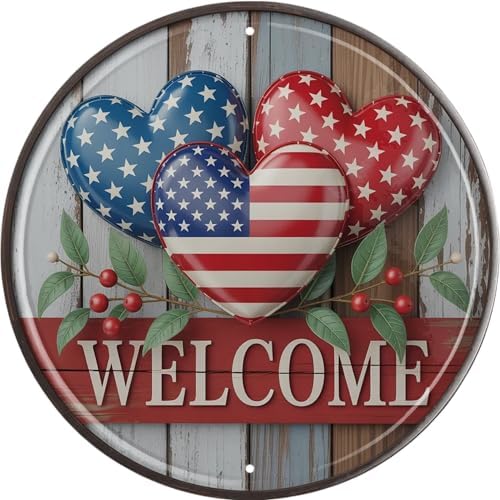 Welcome American Flag Metal Sign 8x8in Round Patriotic Plaque for Porch Wall Decor National Pride Gift by Unknown
