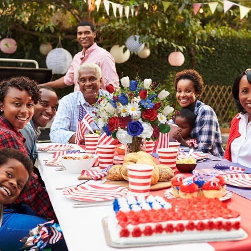 8PCS Patriotic Artificial Flowers Mixed Bush Red White Blue Rose Tulip Flowers Memorial Day Flower Bouquet for 4th of July Independence Day Grave Home Table Decoration - Image 5