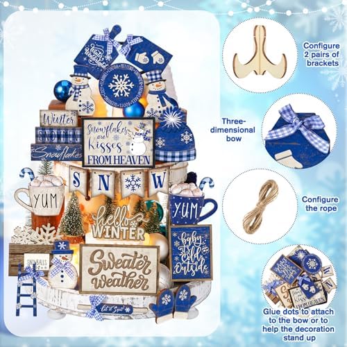 CroBlissful 23 Pcs Christmas Tiered Tray Decor Set, Blue, Snow - Image 4