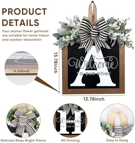 Ultra Large 14'' Last Name All Year Round Front Door Wreath with 26 Initial Letter Welcome Sign All Seasons Eucalyptus Garland and Bow Wreaths for Front Door Porch Farmhouse Decoration (A) - Image 4