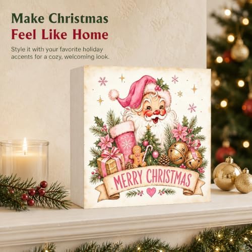 GUDIAO Christmas Decorations Pink, Vintage Merry Christmas Wood Box Sign - Image 5