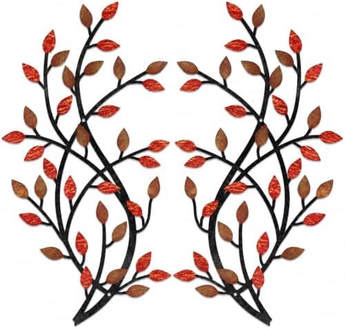 Meltset Metal Tree Leaf Wall Decor, Vine Olive Leaf Branch Wall Art, Wrought Iron Scroll Artwork, Decorative Wall Sculptures Above The Bed, Living Room, Hallway, Indoor and Outdoor（S/Red） by MeltsetM
