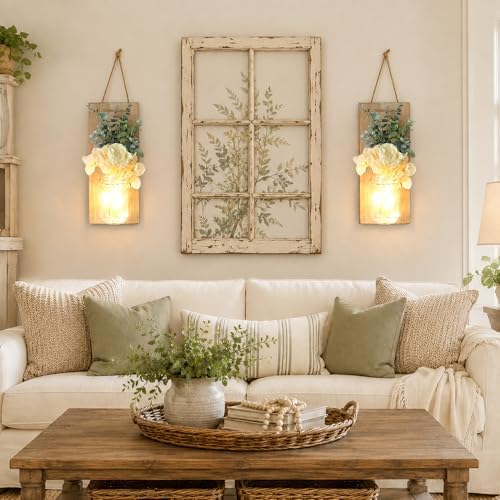 Mason Jar Wall Sconces Set of 2 with LED Lights and Faux Flowers - Image 6