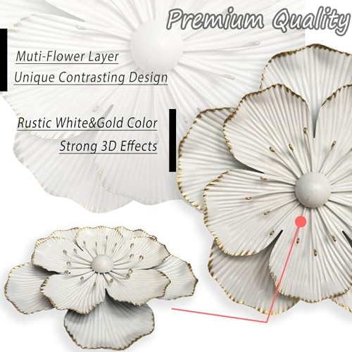 Metal Flower Wall Art Decor, 9" White Rustic Modern Floral Sculpture - Image 2