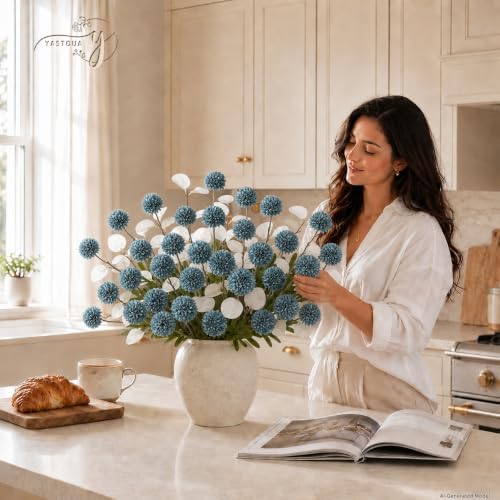 24Pcs Blue Faux Silk Mums Artificial Flowers Bulk with Eucalyptus Stems - Image 7