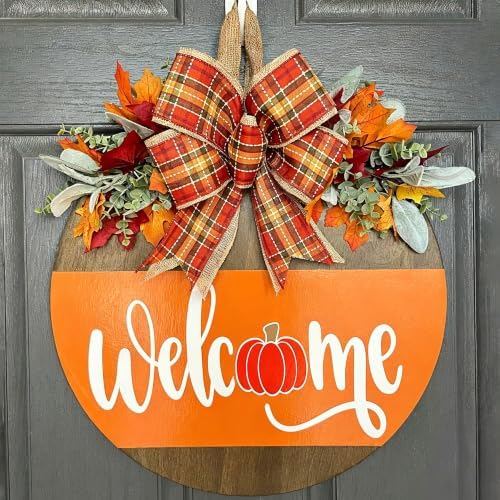 Fall Door Sign for Front Door, Wooden Welcome Hanger with Pumpkin Design, Plaid Bow and Autumn Leaves, Porch Entry Decor, Harvest Wreath Accent, Thanksgiving Decorations for Home and Covered Porch by Unknown