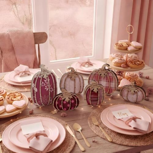 Leinuosen 6 Pcs Fall Pumpkin Decor for Home, Pink Pumpkin Tiered Tray Decor - Image 6