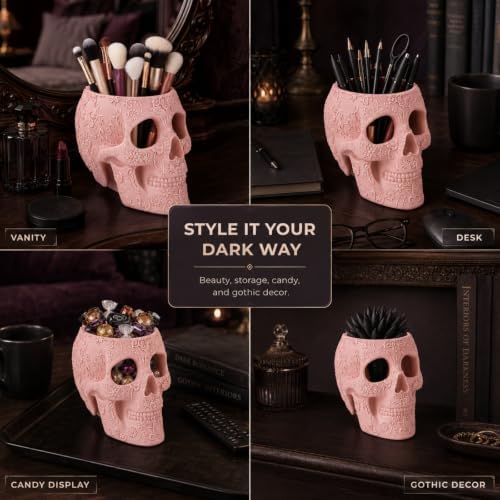 Skull Makeup Brush Holder, Pen Holder, Vanity, Desk, Office Organizer, Stationary, Decor Planter, Candy Bowl, Goth Decorations, Extra Large, Skulls Gothic Skull & Bones Organizer Bathroom (Cloud Pink) - Image 6