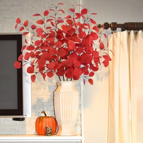 4Pcs Artificial Eucalyptus Leaves Stems 33.8‘’ Eucalyptus Plants Branches Greenery for Home Fireplace Farmhouse Party Wedding Table Bathroom Christmas Décor Red - Image 6