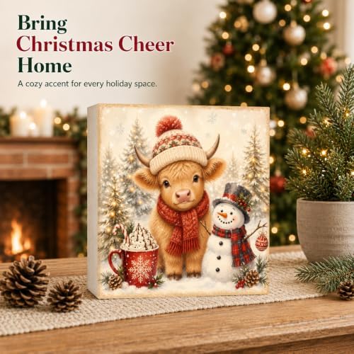 Christmas Highland Cow Decorations Snowman Pine Tree Wooden Box Sign - Image 2