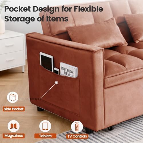 3 in 1 Convertible Sofa Bed, Velvet Fabric Loveseat Sleeper Couch, Modern Pull - Image 3