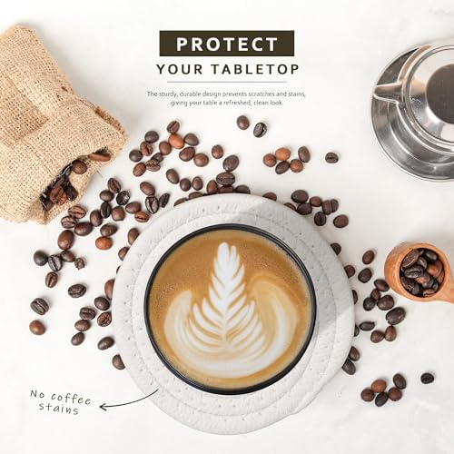 Lazebox Coasters Set of 8 for Drinks, 4 Inch Large Coasters for Coffee Table, Tabletop Protection for Hot & Cold Drinks, Versatile Coasters for Home Decor, Non-Slip & Easy to Clean, White with Grey - Image 4