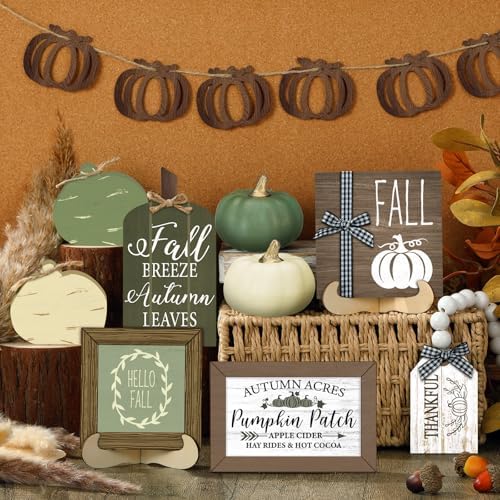 Reallnaive 18 Pcs Fall Tiered Tray Decor, Sage Green Pumpkin Signs - Image 2