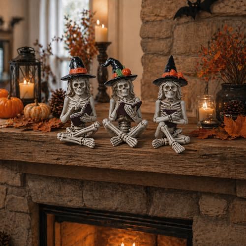 Dlfghos 3 Pieces Halloween Skeleton Statue Halloween Skull Figurine Home Decor Reading Skeleton Figurines Decorations for Indoor Fireplace Home Kitchen Desk Office Party - Image 2