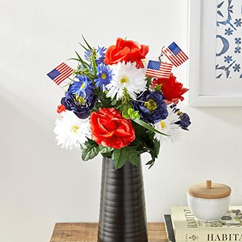Admired by Nature 18 Stems Artificial Blooming Peony, Gerbera Daisy with Small American Flags, Fillers Mixed Flowers Bush for Memorial Day, Red/Blue/White - Image 6