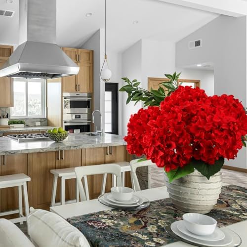 6PCS Large Silk Hydrangea Flowers, 20 in Full Faux Hydrangea Artificial Flowers with Stems Leaves for Fake Bouquets Home Valentines Day Xmas Party Christmas Centerpieces Arrangements (Red) - Image 2