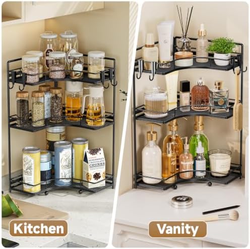 VITVITI 3 Tier Corner Bathroom Counter Organizer, Bathroom Countertop Organizer Storage for Sink, Metal Mesh Makeup Organizer for Vanity Countertop Kitchen with Hooks, Black - Image 5