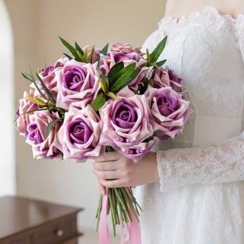 Ttranewsoo 12PCS Artificial Roses with Stems, Realistic Purple Fake Roses, Silk Rose Flowers for Vases, DIY Bouquets, Wedding Centerpieces, Party & Home Decor, 16.5 Inch - Image 3