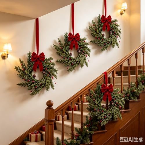 6 Pcs Mini Christmas Hanging Wreaths Artificial Cedar Cypress Pine Greenery with Pine Cones & Red Berries Small Rustic Farmhouse Wreath for Cabinets Front Door Porch Window Wall Holiday Winter Decor - Image 6