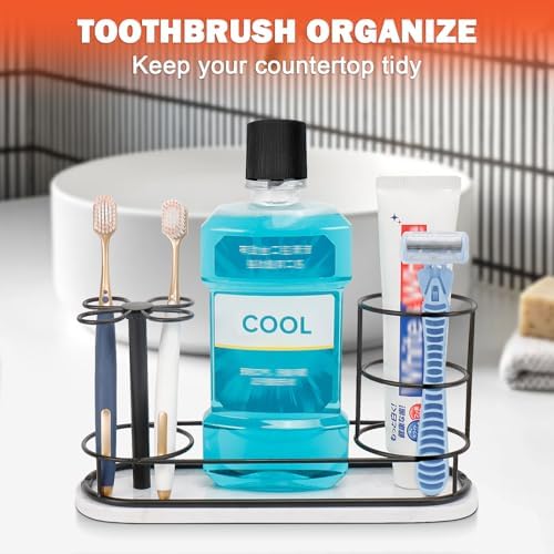Toothbrush Holder Stand for Bathroom, Metal Toothbrush Organizer with Marble Base, Toothbrush Storage Collection for Family, Suitable for Home Hotel Countertop Vanity (Large, Matte Black) - Image 4