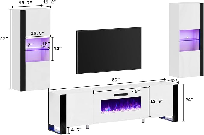 AMERLIFE 3-Piece Modern Wall Unit Entertainment Center Set, High Gloss 80" - Image 5