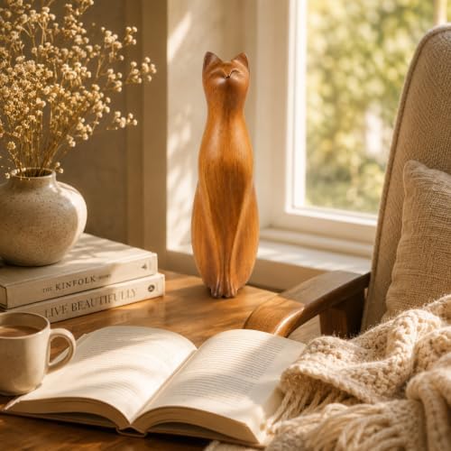 Comfy Hour Cat Sculpture Statue, 8 Inch Sitting Feline Figurine, Polyresin Wood-Look Brown Finish, Modern Farmhouse Shelf Decor for Indoor Home Accent, 1 Unit - Image 4
