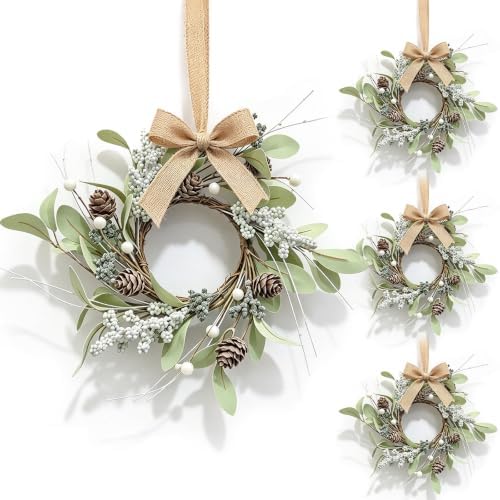 6 Pcs Small 4th of July Hanging Wreaths for Cabinets Patriotic Mini Candle Ring Wreath with Red White Blue Flowers (4, Winter Snow Pinecones) by Unknown
