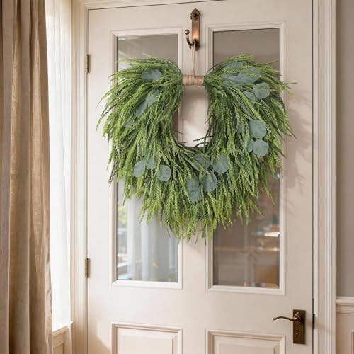 22" Artificial Eucalyptus & Saw Grass Wreath for Front Door Decor - Image 4
