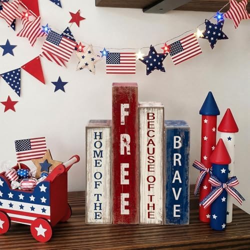Lineshading 4 Pcs 4th of July Decoration Wooden Book Patriotic Table Sign - Image 2