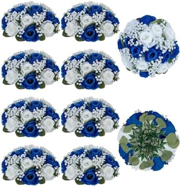 BLOSMON Fake Flowers Ball Wedding Centerpieces 10 Pcs Royal Blue Rose Babys Breath Artificial Flowers Center Pieces Decoration for Table Faux Silk Floral Bouquet Arrangements for Home Party DIY Decor by Blosmon