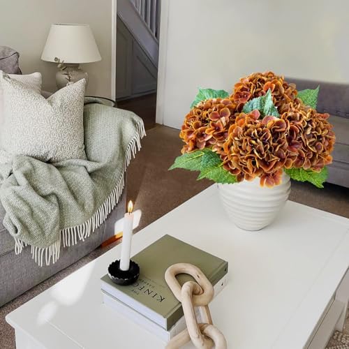 JINWOE Fall Hydrangea Artificial Flowers, 4Pcs 21” Latex Real Touch Flowers, Faux Silk Flowers Fake Artificial Hydrangeas with Stems for Bouquet Table Centerpieces Halloween （Raw Umber Brown） - Image 7
