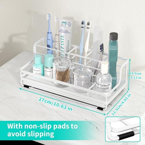 HapiRm Toothbrush Holders for Bathroom - 5 Partitions Bathroom Counter Organizer with Instant Drying Stone, Stainless Steel Countertop Storage Electric Toothbrush Toothpaste Holder - White - Image 4