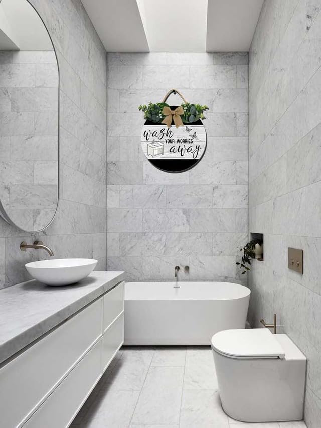 Bathroom Decor Wall Art Rustic Round Wooden Wreath Sign - Image 3