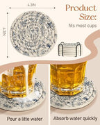 Absorbent Cup Coasters Set of 6 with Holder, Blue Flower - Image 4