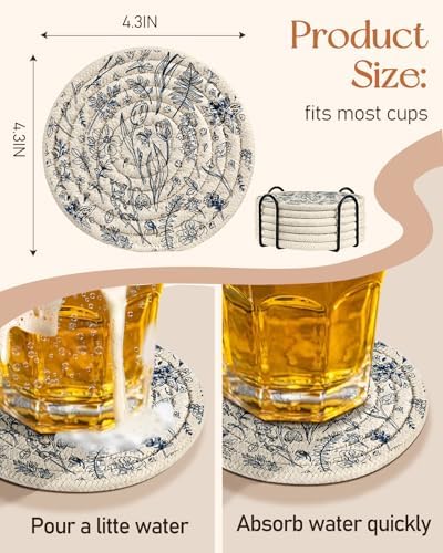 Absorbent Cup Coasters Set of 6 with Holder, Blue Flower - Image 4