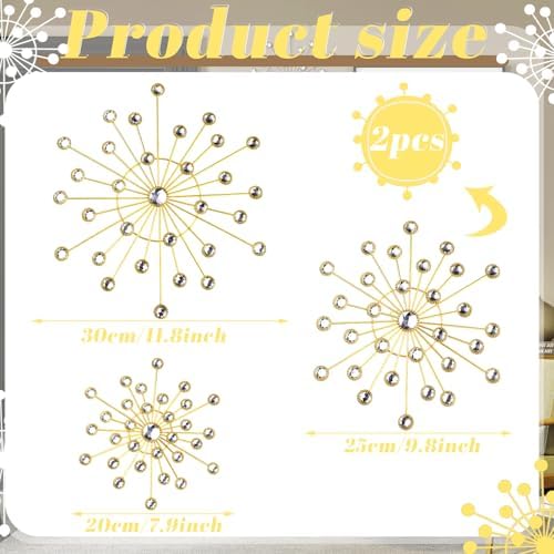 Blulu 4 Pcs Gold Wall Decor Starburst Metal Wall Art with 3D Rhinestone - Image 4