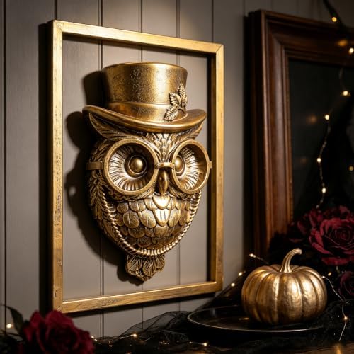 Newinhome Animal Heads Wall Decor (Includes Metal Frame) Halloween Resin Animals Sculptures Head Wall Hanging Decoration Gold vintage Wall Sculpture for Living Room Bedroom Office(Owl) - Image 5